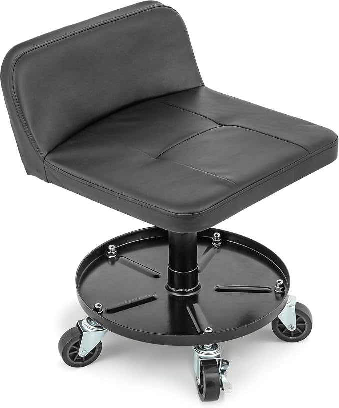 M-AUTO Padded Seat Mechanic Stool with Wheels, 16”-21” Height Adjustable Swivel Mechanics Seat with Tool Tray Storage for Garage and Garden, 300lbs Capacity