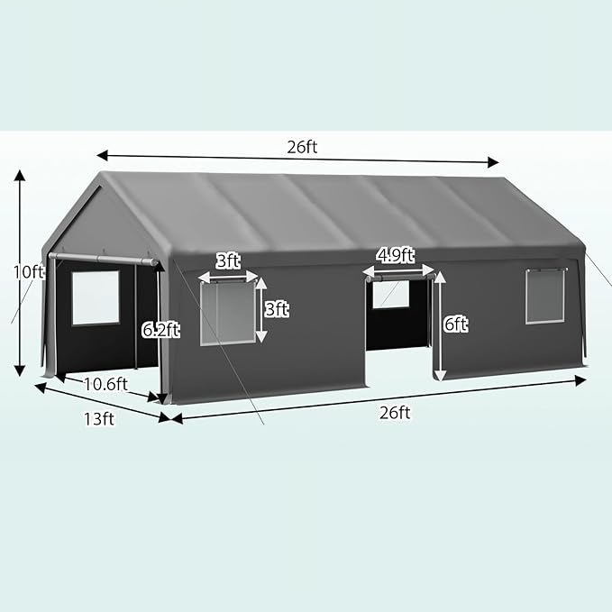 13x26 FT Heavy Duty Carport, Outdoor Storage Shed Tent with 2 Roll-Up Doors, 1 Side Door, Removable End Walls & Windows, All-Weather Portable Garage Shelter with 12-Leg Stability Frame, Grey