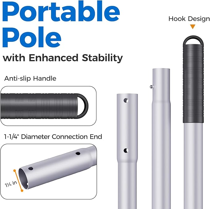 Mowend 10.5 Foot Aluminum Telescopic Swimming Pool Pole - 8 Adjustable Connecting Sections, Expandable Step-Up Length - Attach Connect Skimmer Nets, Rakes, Brushes, Vacuum Heads, Maintenance