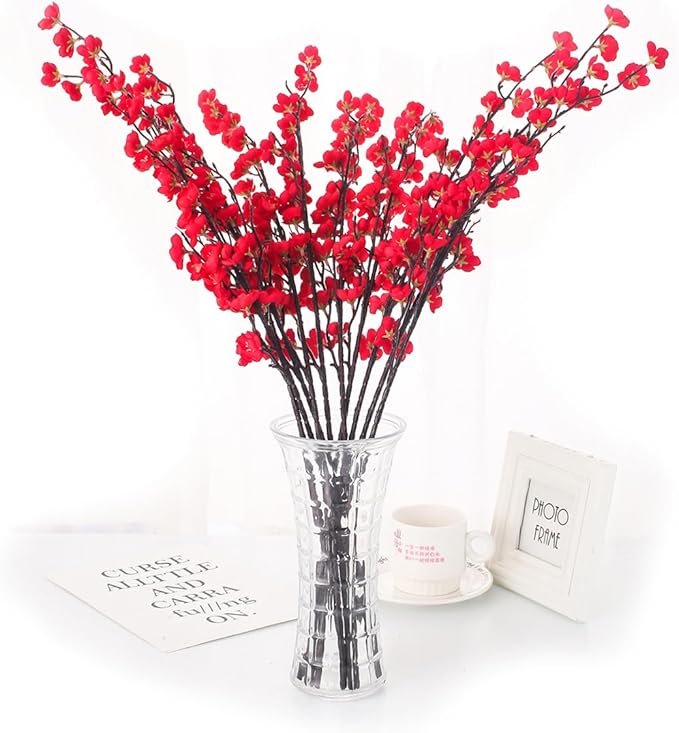 5 Pcs Artificial Plum Blossom Fake Wintersweet Long Stem Plastic Flowers Home Hotel Office Wedding Party Garden Decor 27.5'' High Red