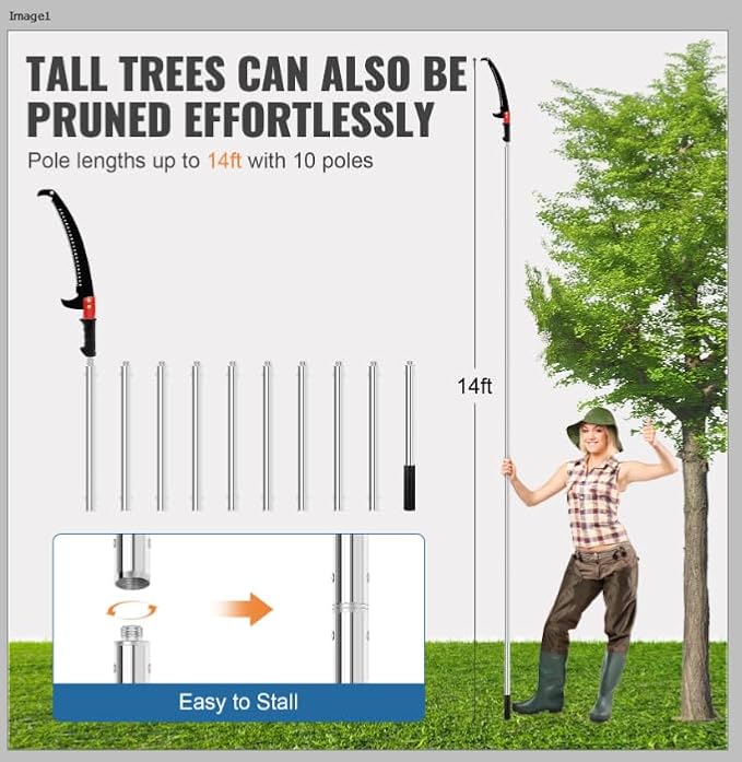 Manual Pole Saw 14ft, Lightweight Manual Stainless Steel Extension High Pole Pruning Pole Saw for Tree Trimming Branches at Forestry Yard Garden Patio