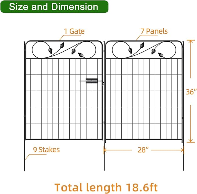 Decorative Metal Garden Fence with Gate 36in(H) X18.6ft(L) 1 gate+7 Panels Border Fences Animal Barrier for Dogs No Dig Leaf Black Garden Fencing for Yard Lawn Patio Outdoor