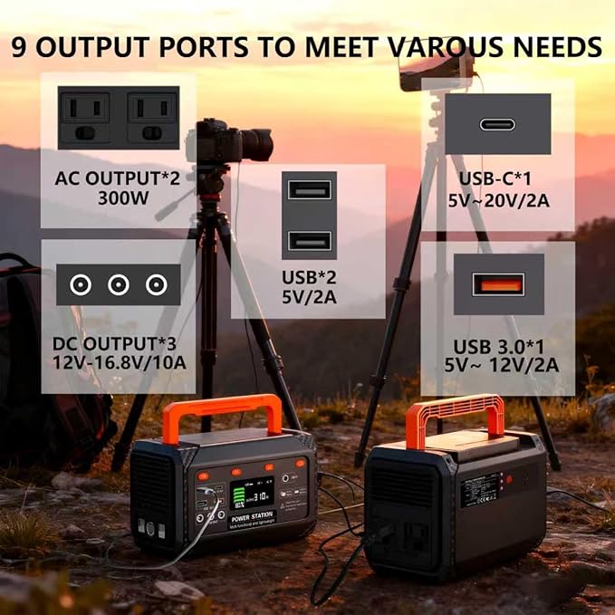 300W Portable Power Station,270Wh Camping Lithum Battery Solar Generator with 2 AC Output, USB-C PD 45W, Quick Charge Battery Pack for Home Use Camping Travel Emergency Hunting
