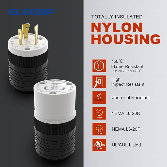 ELEGRP NEMA L6-20R Locking Connector, Generator Twist Lock Adapter Connector, 20 Amp 250V 2 Pole 3 Wire Grounding, Industrial Grade Heavy Duty, UL Listed (1 Pack, Black/White)