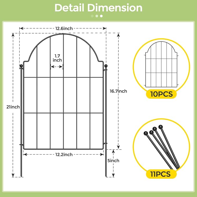 Garden Fence, 21in X 10.2ft Garden Fences and Borders for Dogs, Rabbit, Rustproof Metal Garden Fence Animal Barrier for Yard, Landscape, Outdoor Patio, Arched Fencing for Garden Beds