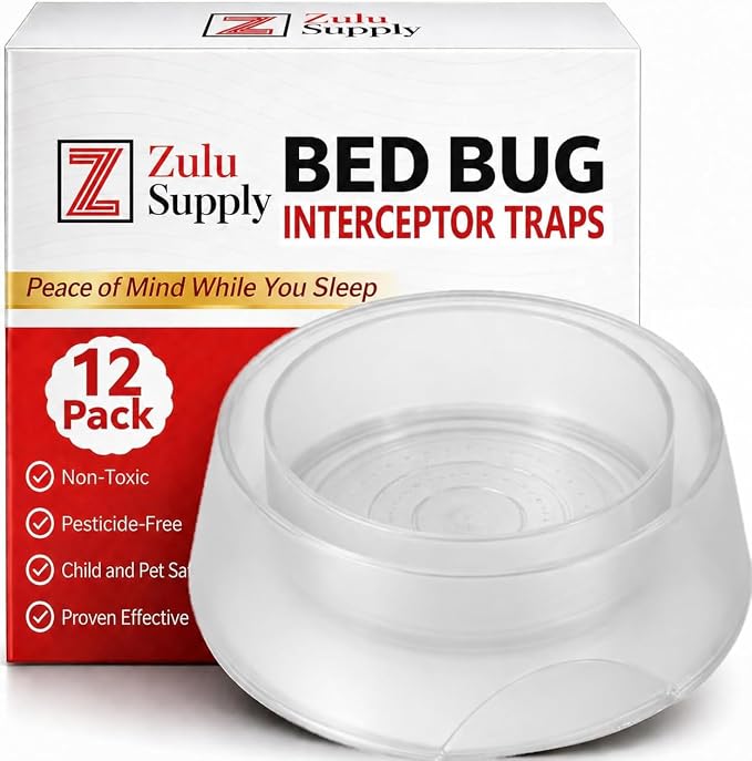 Bed Bug Interceptor Traps – Clear 12-Pack Passive Monitor & Detection Trap – Universal Fit for Bed & Furniture Legs – Reusable Non-Climbable Wall Pest Control Protection (Clear 12-Pack)