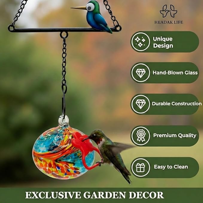 Headak Life Hummingbird Feeder for Outdoors Hanging,Metal Hummingbird Swing with Hand Blown Glass Hummingbird Feeder,Artistic Bird Perch & Garden Decor, Unique Gardening Gifts for Women(Blue)