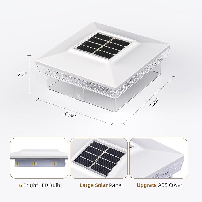 Solar Post Cap Light 4x4/5x5 – 16 Pack, Dual Color, 800mAh, 12H Runtime, Auto Dusk-to-Dawn On/Off, White