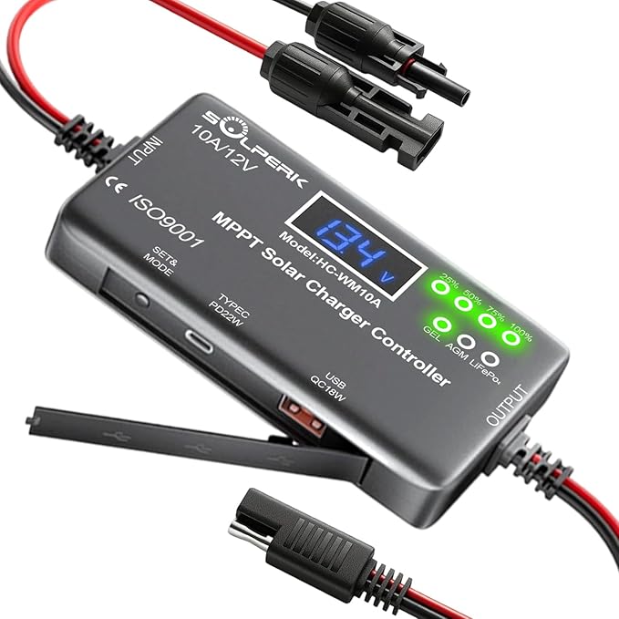SOLPERK MPPT 10A 12V Solar Charge Controller with LCD Display, Solar Panel Charge Controller with Type-C and USB Output for Solar Panel Regulator Gel AGM Lead-Acid Lithium LiFePO4 Battery