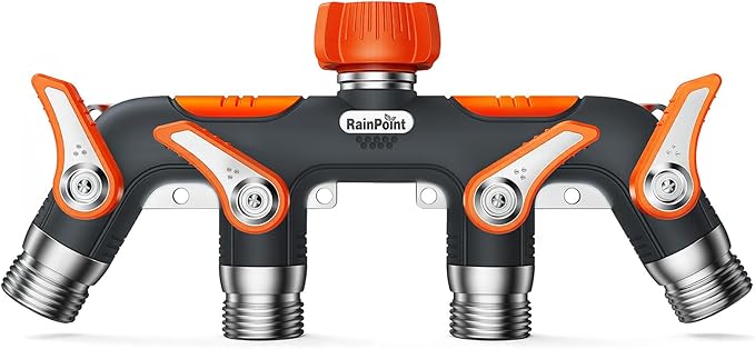 RAINPOINT 4 Way Garden Hose Splitter, 100% Metal Heavy Duty Water Hose Splitter with Individual Shut-Off Valves, 3/4" GHT High Flow Outdoor Faucet Splitter, 1.81" Extra Long Handle (Orange)