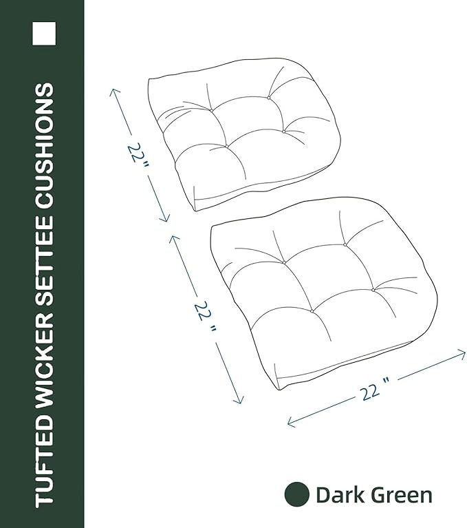 Outdoor Chair Cushions Set of 2, 22x22x4 Inch Seat Pads with Ties for Patio Wicker Chairs Garden Dining Chair, Indoor Outside Use, Fade-Resistant & Waterproof, Dark Green