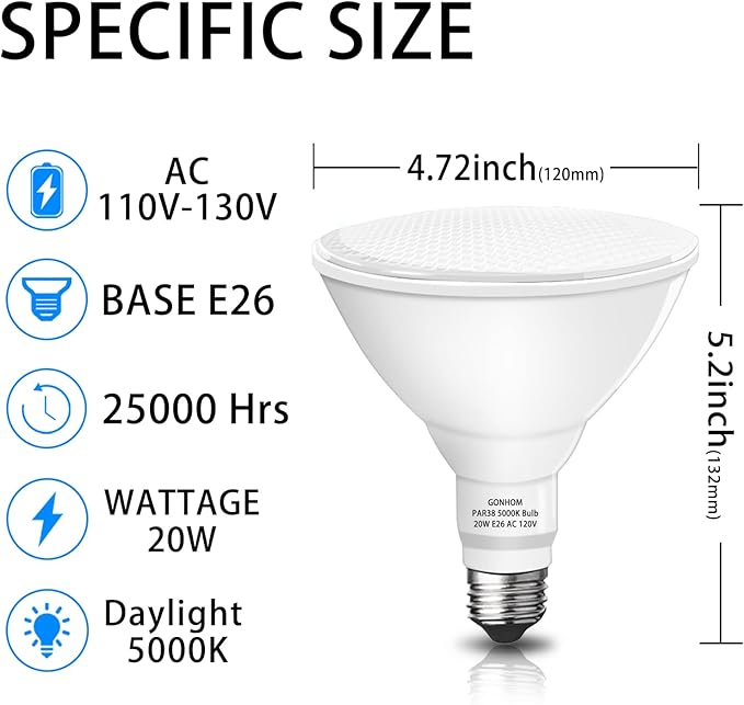 Gonhom Par38 led Flood Lights Outdoor Light Bulb,Dimmable 1800LM,20W Replace up to 200W,Outdoor Flood Light Bulbs for Backyard,Garage,Porch,Garden,2 Pack 5000K Daylight