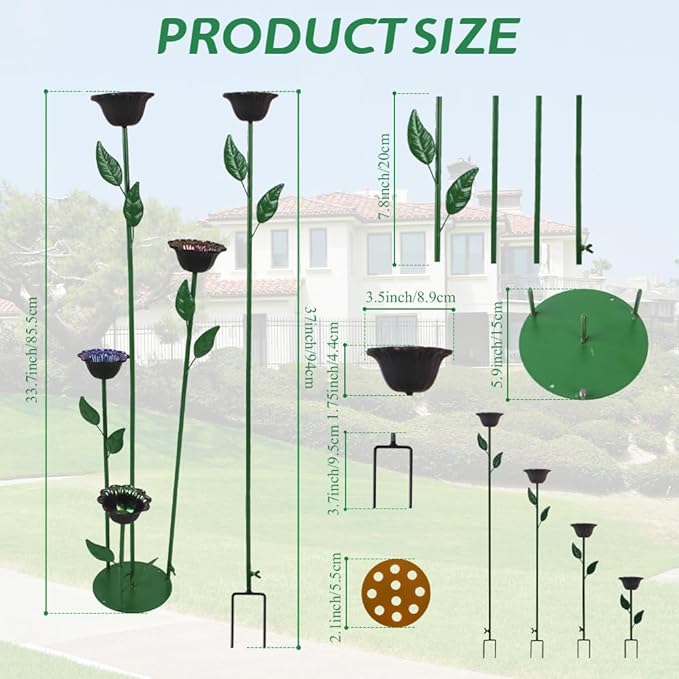 DREAMSOUL 4 Pack Bird Bath with Bee Feeder, Metal Flower Bird Baths Bee Watering Station for Garden Yard Decor (Red, Brown, Purple, Green)