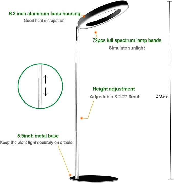 Yadoker 72 LEDs Full Spectrum Plant Grow Light for Indoor Plants，Height Adjustable, 6.3" Aluminum Housing,Automatic Timer with 8/12/16 Hours,10-Level Brightness,Black Plant Light,1 Pack