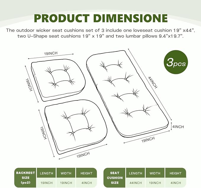Wicker Chair Cushions Set, 2 U-Shaped Cushions & 1 Loveseat, Waterproof Outdoor Loveseat Cushion for Patio Furniture, Settee Bench Pad All Weather,Khaki