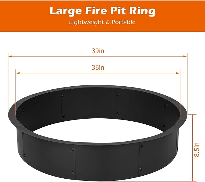 OUSHENG 36 Inch Fire Pit Ring Insert Open Bottom Design for DIY Stone/Brick Fire Pit 39" Outer x 36" Inner Heavy Gauge Steel with Heat-Resistant Coating Easy Assembly, for Backyard Camping Patio