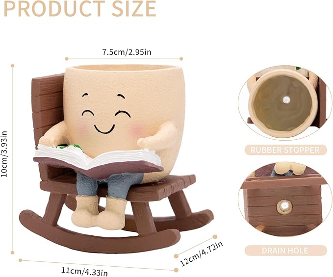 Smily Face Rocking Chair Reading Book Planter Pots with Drainage Hole, Cute Resin Flower Head Succulent Planters for Indoor Plants, Gift IdeaI for Mother Birthday Christmas