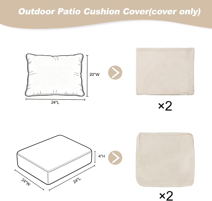 4-Piece Outdoor Patio Cushion Covers, Seat & Back Replacement Set, Covers Only for Patio Furniture, Porch, Deck, Balcony (4Pcs-Beige, 24 * 24 * 4-inch)
