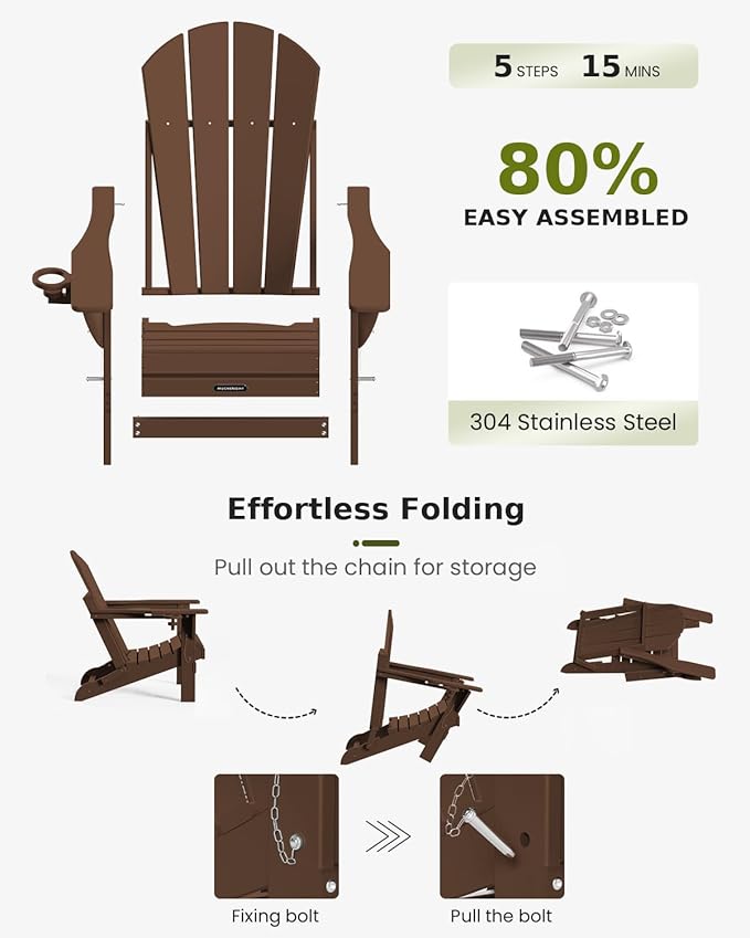 MUCHENGHY Folding Adirondack Chairs Set of 4, Patio Chairs, Lawn Chairs, Outdoor Chair, Adirondack Chair Plastic, Fire Pit, Weather Resistant with Cup Holder for Deck, Backyard, Garden(Brown)