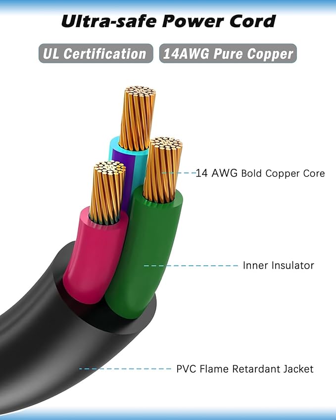 UL Listed 14AWG AC Power Cord;Heavy-Duty Power Station Charging Cable Compatible with Jackery Explorer 2000/1500/1000 Pro,Ecoflow,Bluetti etc;125V 15A Universal AC Power Cord;6.5ft Power Cable 3 Prong