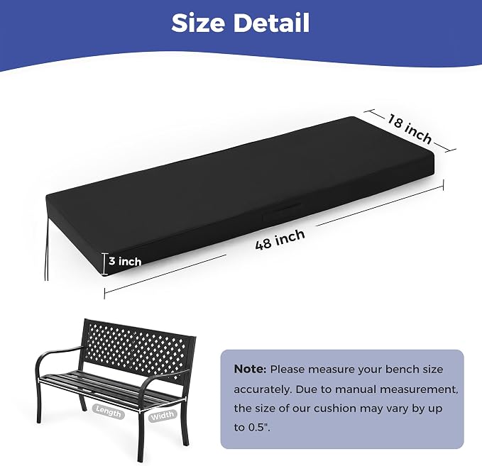 IPYNBAP Outdoor Bench Cushions for Outdoor Furniture, 48x18x3 Inch, Waterproof Bench Pillow, Fade Resistant Long Bench Seat Pads for Garden, Indoor, Porch Swing, Black