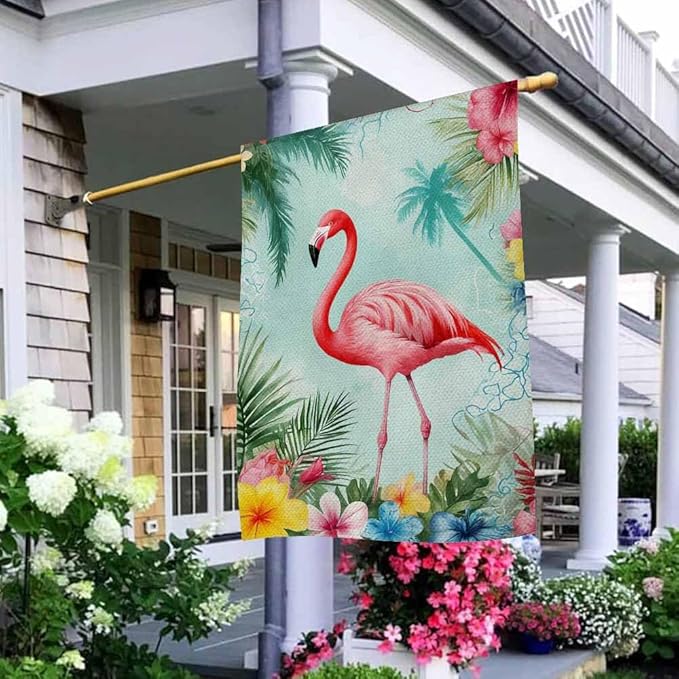 AOYEGO Pink Flamingo House Flag 28 x 40 Inch Large Vertical Double Sided Summer Fresh Palm Trees Background Watercolor Flowers Seasonal Outside Décor for Garden Yard Farmhouse Flags