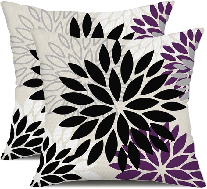 DFXSZ Black Purple Flower Pillow Covers 18x18 Inch Set of 2 Outdoor Throw Pillows Outdoor Waterproof Decor for Living Room Sofa Patio Funiture Garden Floral Polyester Pillow Covers 002Q18