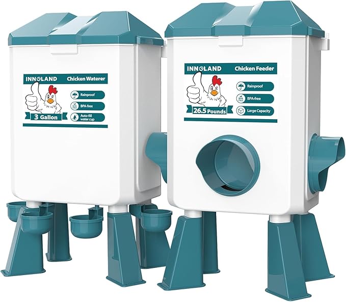 Chicken Feeder and Waterer Set - 3 Gallon/26.5 Pounds, Automatic Chicken Waterer with 4 Cups & 3 Feeder Ports, No Waste Poultry Feeders & Waterers, Chicken Coop Accessories for Hens/Ducks/Poultry
