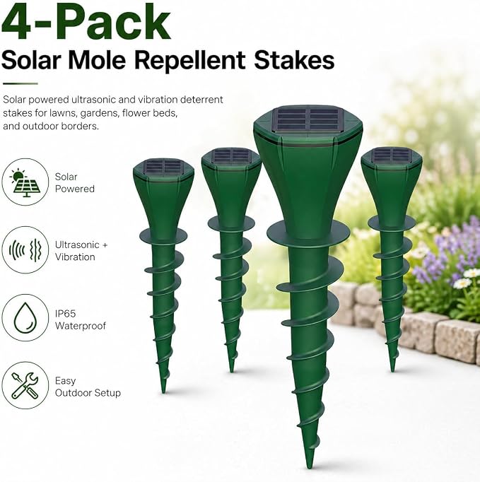 Solar Powered Mole Repellent Stakes, Ultrasonic & Vibration Deterrent for Moles, Gophers & Voles, IP65 Waterproof Outdoor Pest Repeller for Yard, Lawn & Garden, 4 Pack
