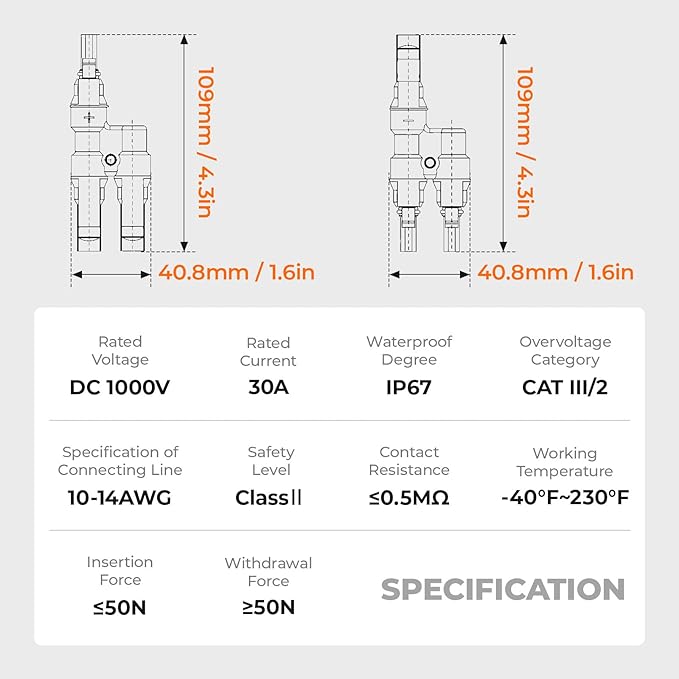 Solar Panel Connector 2 to 1 2 Way Solar Panel Splitter 1000V FMM+MFF Y Branch Solar Panel Parallel Connectors for Parallel Connection Between Solar Panels (5 Pair 2 to 1)