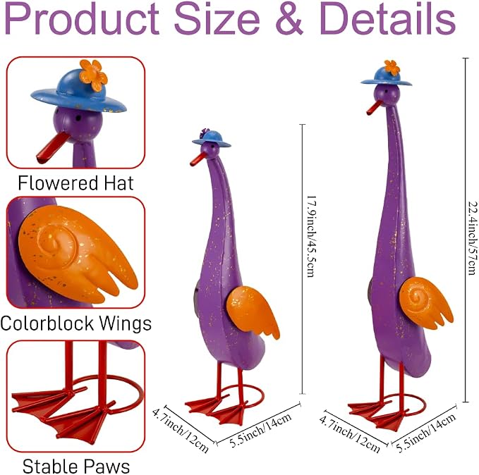22" Duck Garden Statue Set of 2 Metal Ducks | Outdoor Decor Porch Animal Figurine Yard Art Sculptures Rustproof Lawn Ornament for Outside Patio Backyard Decorations