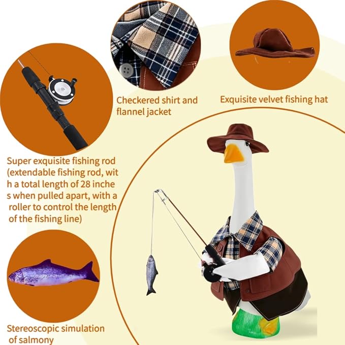 Fishing Porch Goose Outfits, Fisherman Costume for 23 Inch Plastic/Cement Goose, Goose Sculpture Clothes for Summer Yard Patio Party Decoration(Fishing Enthusiast 2)