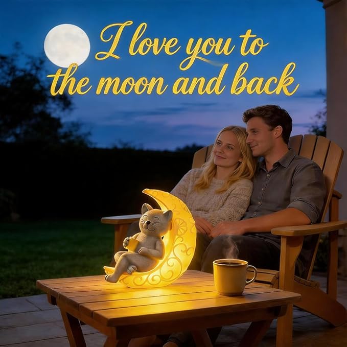 PETAFLOP Solar Cat Garden Statue Decor, Moon Cat Figurine Patio Balcony Yard Lawn Outdoor, I Love You to the Moon and Back Birthday Housewarming Gifts for Mom Grandma Women Cats Lover