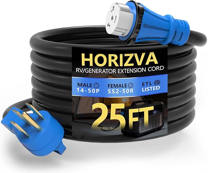 50 Amp Generator Cord 25FT, NEMA 14-50P to SS2-50R Heavy Duty Generator Extension Cord, Female Plug with Twist Lock, 6/3+8/1 Gauge STW Wire for Camper & House, ETL Listed