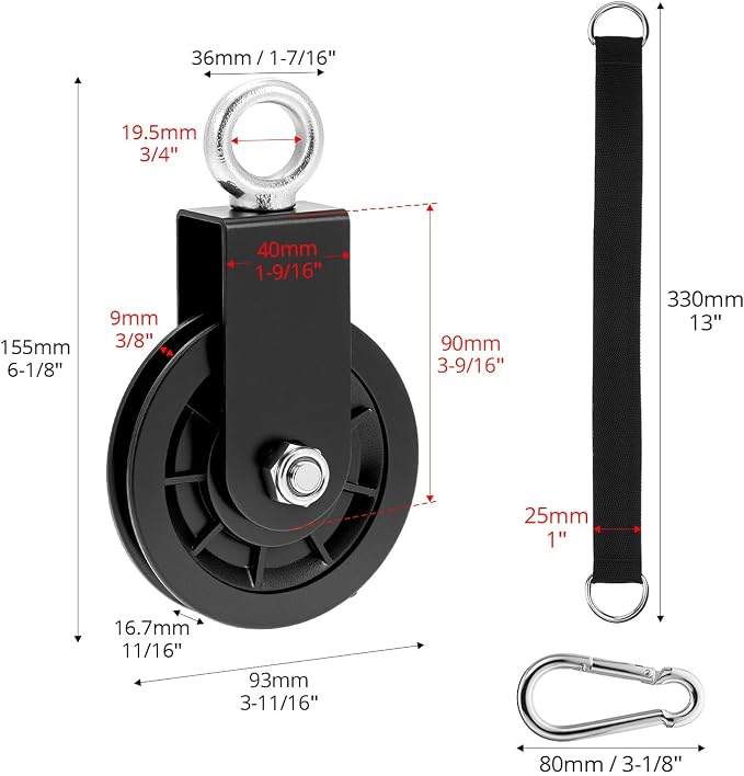 QWORK Gym Pulley Wheel Set, 2 Sets Cable Pulley with Swing Strap Carabiner – 330 lbs Capacity