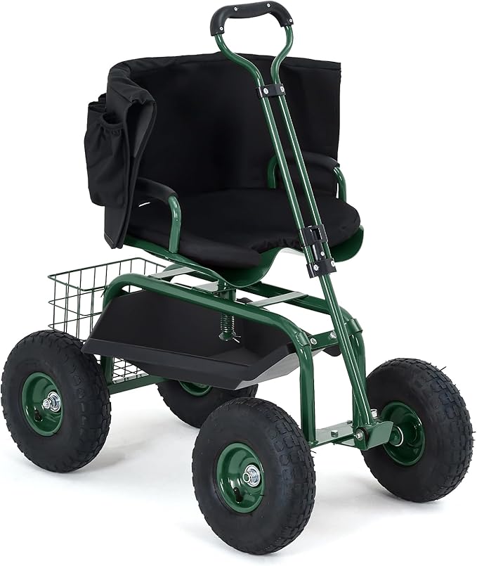 Rolling Garden Work Seat with Wheels, 300lbs Heavy Duty Garden Cart, 360° Swivel Adjustable Height Rolling Stool, Extendable Handle, Storage Basket & Tray for Gardening, Lawn Care, Adults & Seniors