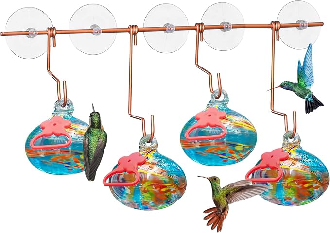 Pozfun Set of 3 Hummingbird Feeders for Outdoors Hanging,Hand-Blown Glass Hummingbird Feeder with Silicone Feeding Perch,Never Leak,Gardening Gifts for Woman Man