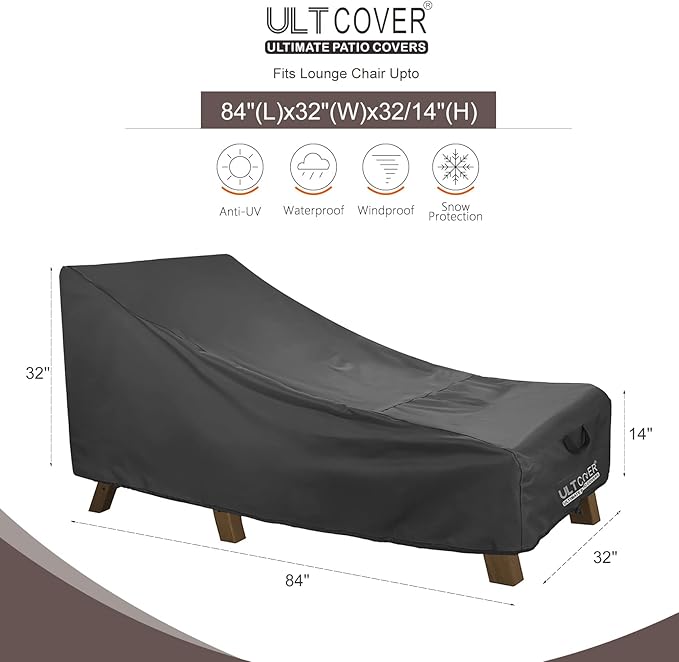 ULTCOVER Waterproof Patio Lounge Chair Cover Heavy Duty Outdoor Chaise Lounge Covers 2 Pack - 84L x 32W x 32H inch, Black
