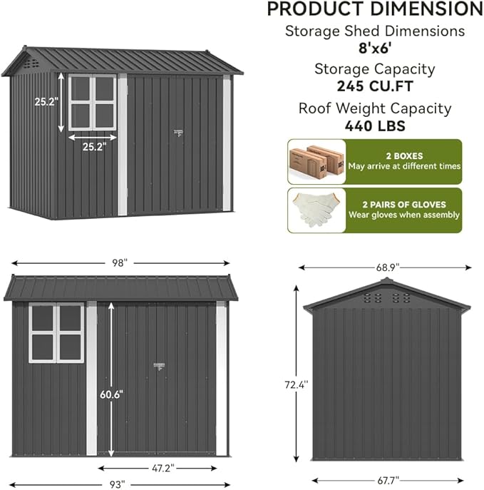 COMHOMA Shed Storage Outdoor Metal Windowed Lockable Garden Toolhouse Weatherproof Ventilated Backyard Utility Workshop(Grey,8'x6')