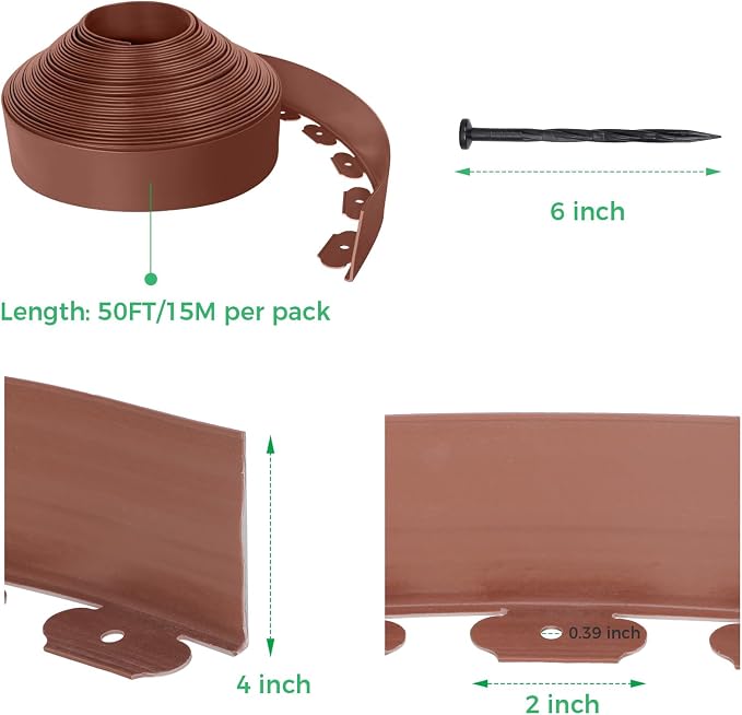 4-Inch x 50 FT Landscape Edging Border with 75 Spikes, Garden Edging Lawn Border Kit, Plastic Edging Border Flexible for Garden Flower Beds Lawn Yard Pathway Paver Edging (Brown)