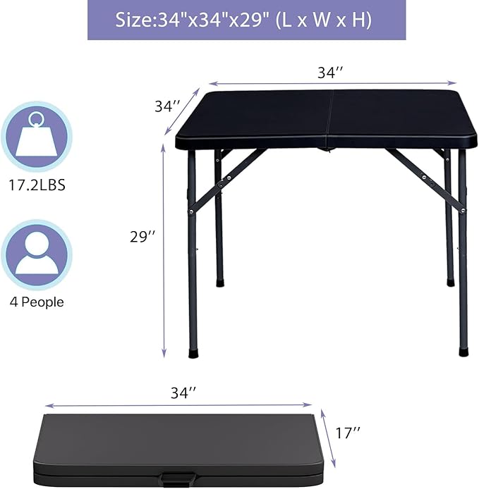 Lakhow 34" Square Folding Table, Plastic Commercial Folding Card Table with Collapsible Legs for Kitchen or Outdoor Party Wedding Event Indoor Outdoor Use, Black