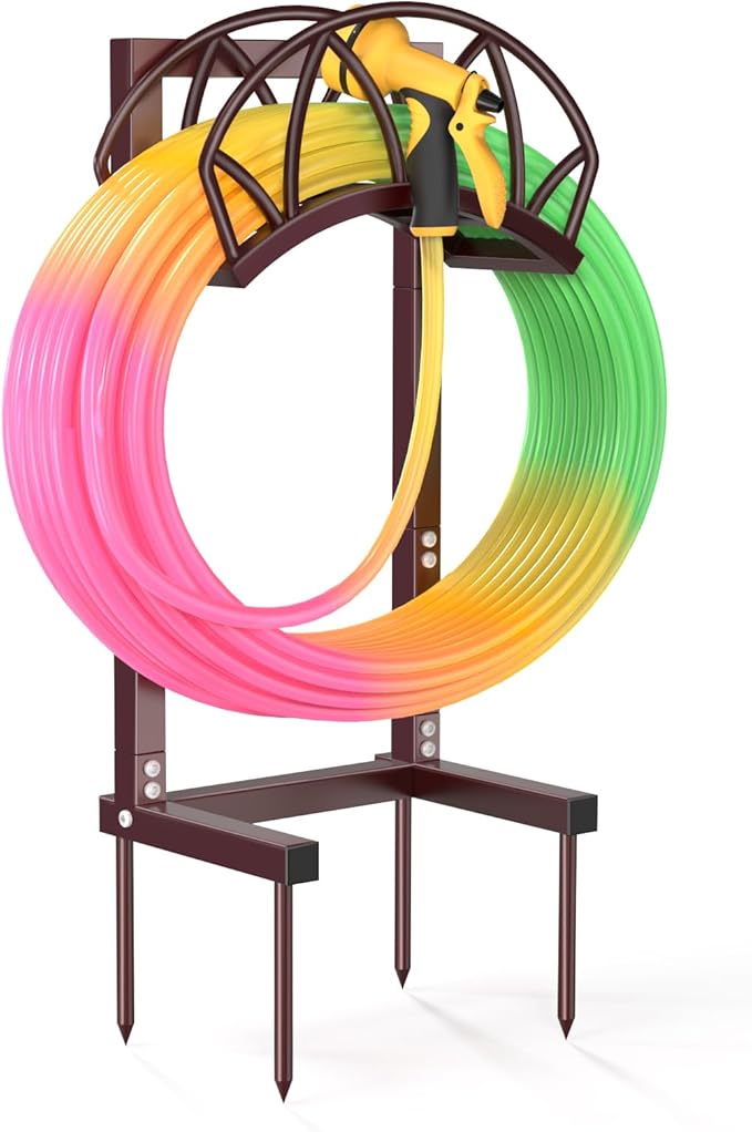 HZE Garden Hose Holder, Freestanding Water Hose Holder Stand for Outside, Heavy Duty Detachable Metal Garden Tube Storage Hanger Rack Holds 160 FT for Yard Lawn Farm, Bronze
