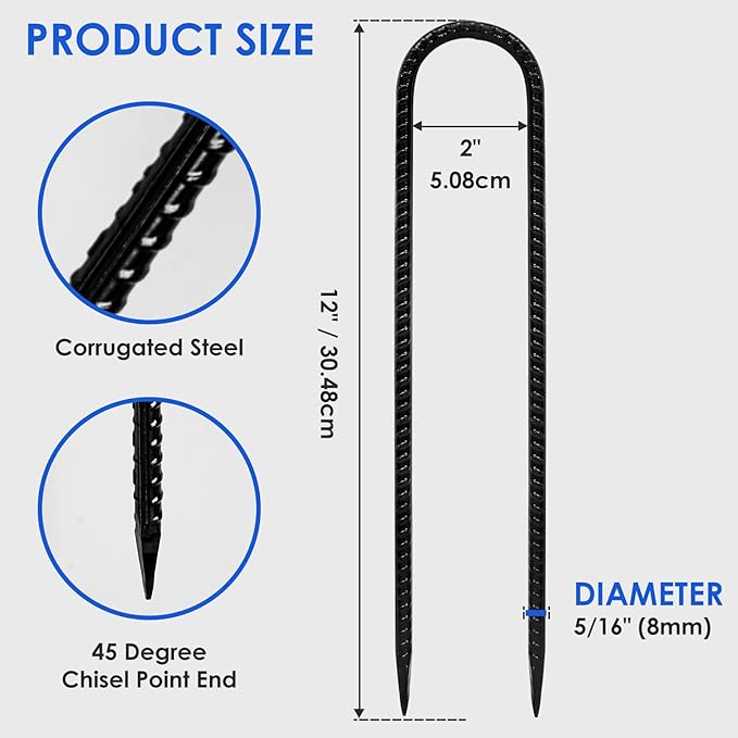 Homwin Trampoline Stakes 12 inches 10-Pack U Stake for Ground Heavy Duty Trampoline Anchors High Wind Stakes for Fence, Swing Set, Outdoor Decoration and Gazebo