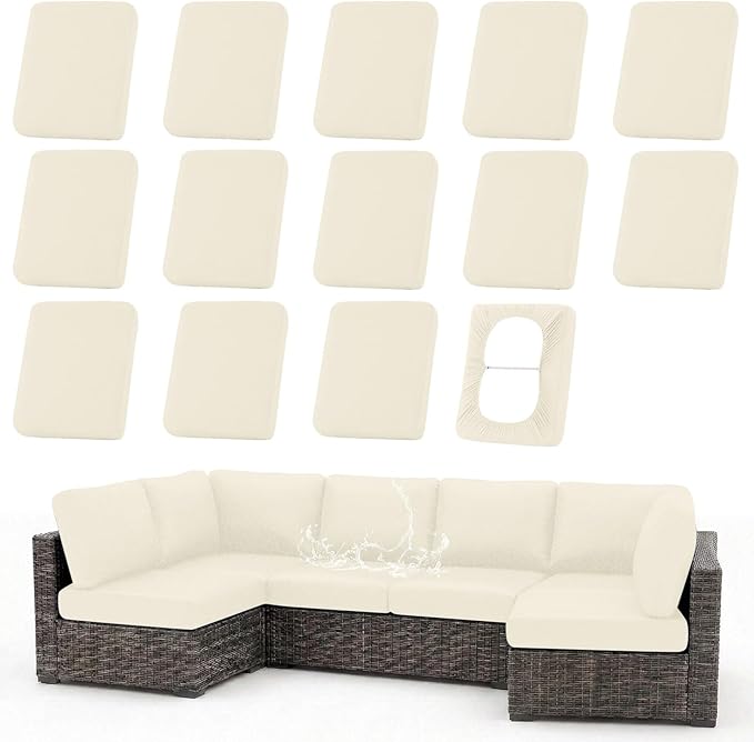 hyha Waterproof Outdoor Cushion Covers for Patio Furniture, Stretch Patio Chair Cushion Slipcovers, Coated UV Resistant Replacement Seat Covers, Solid Color (Beige, 14PC)