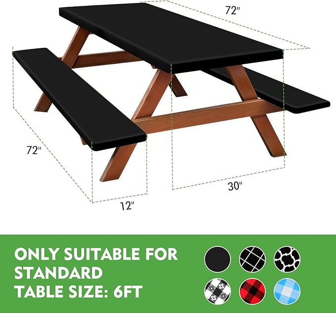 Clothclose Picnic Table Cover with Bench Covers, Fitted 6ft Waterproof Tablecloth Set for Outdoor Camping & RV, 30"x72", Solid Black