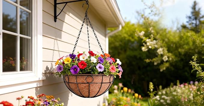 ZeeDix Complete Hanging Basket Kit – 2 Pack 16 Inch Wire Baskets with Coco Liners + 4 Pack 24 Inch Heavy Duty Black Chains for Indoor & Outdoor Garden, Patio, Balcony