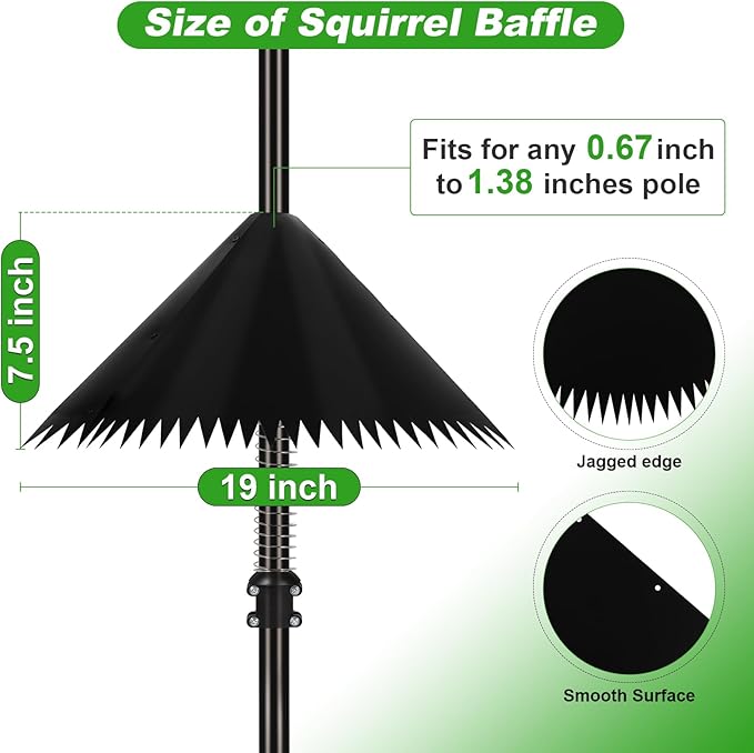 Squirrel Baffle for Bird Feeder Pole, 19 inch Squirrel Cone for Bird Feeder Pole, Outdoor Squirrel Guard with Stainless Steel Spring for Shepherd's Hook, Black