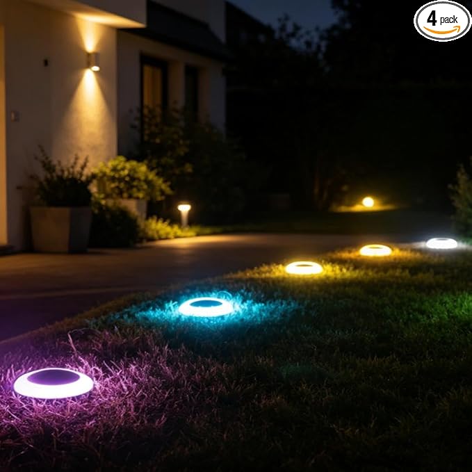 20 Lumens Colorized Solar Ground Lights,Solar Disc Lights,Solar Deck Lights with Mutiple Color Functions for Landscape, Pathway, Patio, Yard, Path, Lawn and Garden