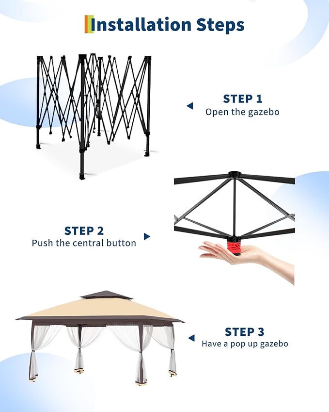 GarveeLife Canopy Tent 13x13 ft, Pop Up Gazebo One-Push Setup with 4 SandBags for Backyard Parties and BBQs, Mosquito Netting & Height Adjustable - Khaki & Coffee