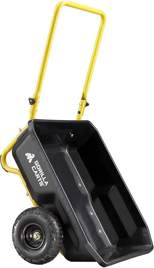 Gorilla Carts GCR-4 Poly Dump Cart, 2-Wheel Garden Wagon with Foldable Handle, 4 cu ft, 300 lb. Capacity, Black/Yellow